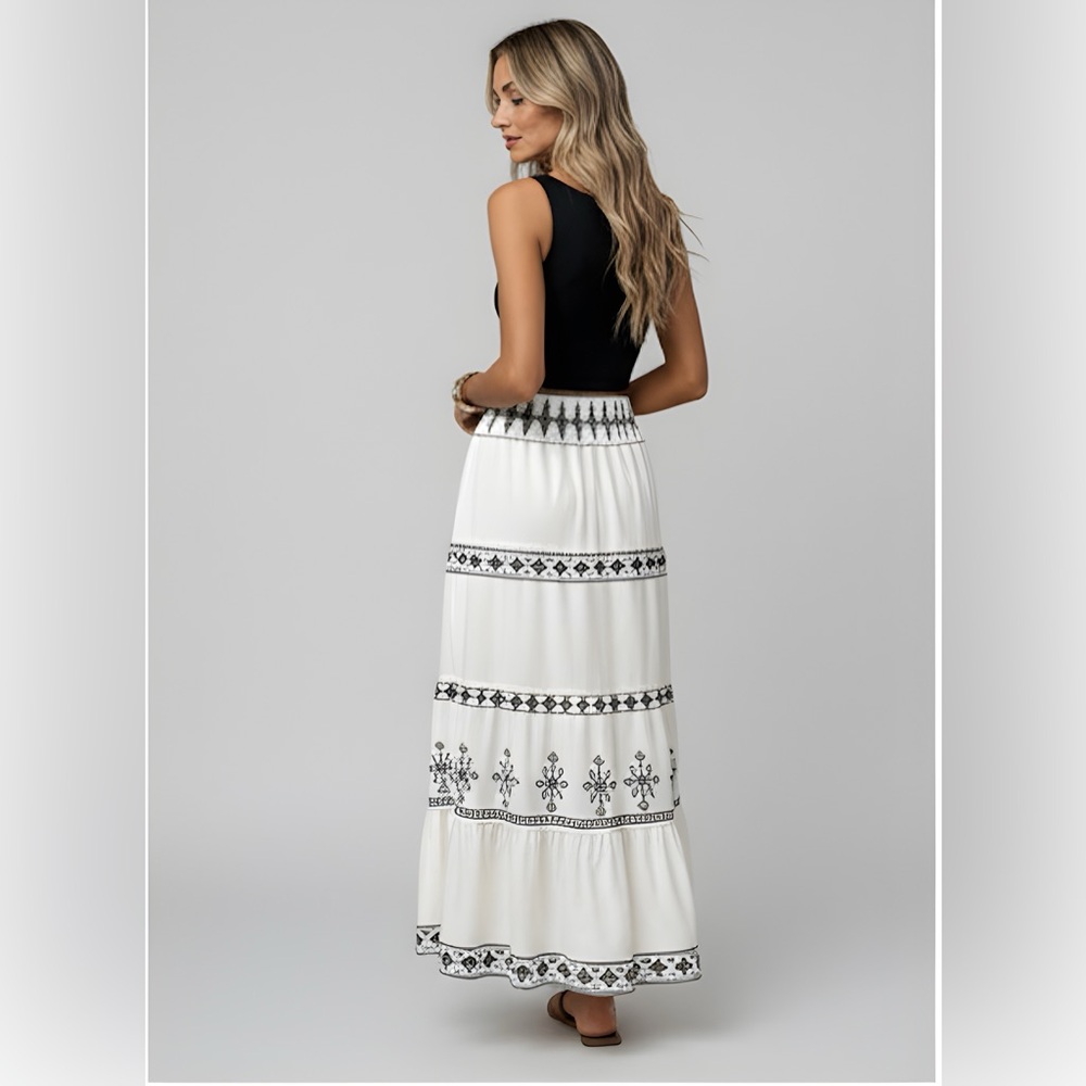 Boho Print Shirred waist Maxi Skirt Off White - Picture 3 of 7